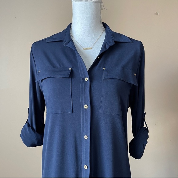 CALVIN KLEIN | Navy Blue Button Down Roll Tab Sleeve Dress Sz 6 - Picture 2 of 8